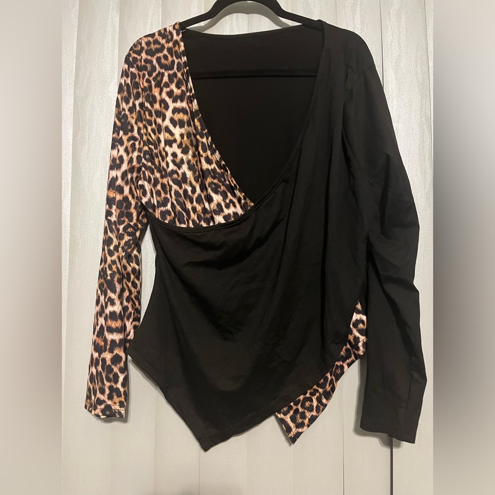 Black & Leopard Wrap-Style Long Sleeve Top